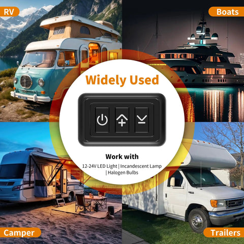 Badass Black PWM Dimmer Switch For 12 Through 24V LED And Halogen Lighting Perfect For Boats RVs Campers With Smooth Adjustable Brightness Control And Heavy Duty Fuse Guard shown with outdoor setups for versatile use.