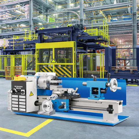 9 Inch Mini Metal Lathe Benchtop Machine With 1100 Watt Variable Speed Up To 3000 Rpm Heavy Duty Cast Iron Body in factory setting.