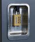 Beefy 30mm Solid Brass Padlock With Chrome Plated Hardened Steel Shackle, 4-Dial Resettable Combination Lock attached to a cabinet