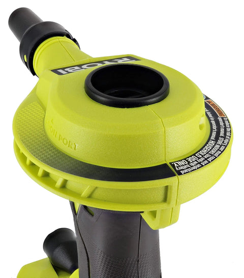 Close-up of 18V One Plus High Volume Power Inflator And Deflator For Mattresses And Recreational Inflatables with top nozzle