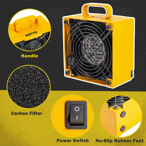 Dual Activated Carbon Filter Solder Fume Extractor With Slick Removable Magnetic Flaps And Steady Airflow Keeps Shop Smoke Way Off You Plug And Play Setup For Hardware Crews, featuring a power switch, fan, handle, and rubber feet.