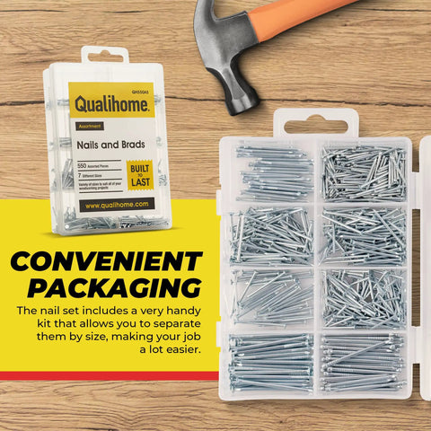 All Purpose Nail Set Bundle For DIYers Includes Finish Nails, Common Nails, Brad Nails, Wire Nails, And Picture Hanging Nails A Complete Woodworking Fasteners Kit For Home Improvement Projects And A Pro Finish shown in organized packaging with a hammer.