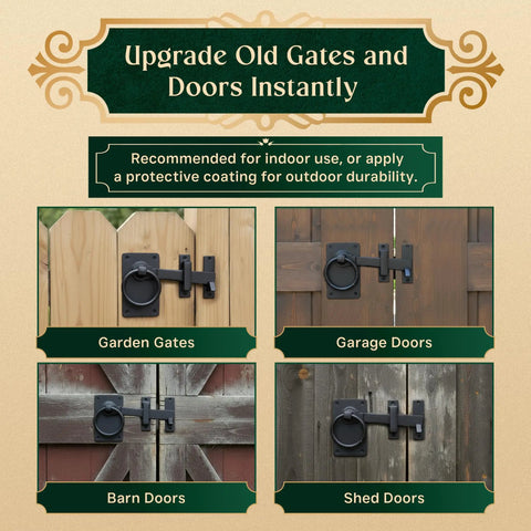 Black Wrought Iron Gate Ring Turn Latch Lock Set 6.5 Inch Wide on various gate types including garden, garage, barn, and shed.