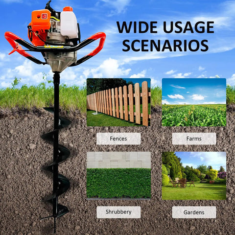 Beast Of A Gas Powered Post Hole Digger With 62cc Two Stroke Engine Earth Auger Kit in use for fences, farms, gardens, shrubbery.