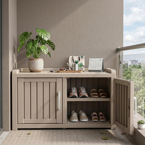 Waterproof UV Resistant Shoe Cabinet Storage Bench Indoor Outdoor With Adjustable Shelves Double Door Grey for entryway