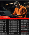 Automotive technician in orange coveralls using a laptop in a workshop with a car in the background and a vehicle fitment banner