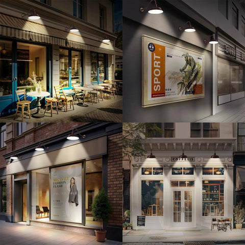Outdoor Gooseneck Barn Light Fixture With Satin Black Finish, illuminating storefronts and cafes, enhancing vintage charm.