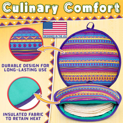 Multicolor 12 Inch Tortilla Warmer Pouch, Microwavable Fabric Tortilla Heater with insulated heat retaining design features