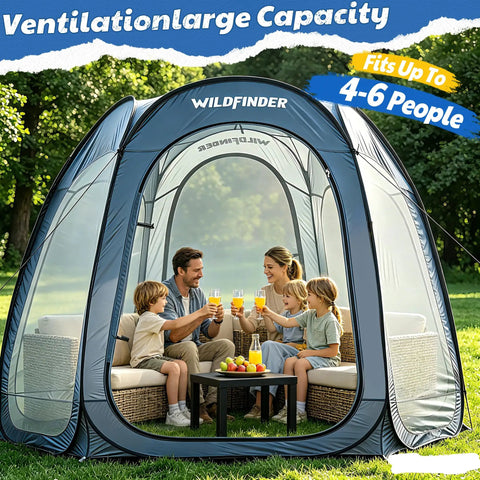 Family sitting inside 10x10 Pop Up Screen House Tent With Mesh Walls, Waterproof Instant Gazebo for Patio, Backyard, Deck And Camping