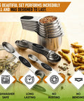 Magnetic Measuring Cups And Spoons Set With Heavy Duty Stainless Steel N45 Magnets BPA Free on a wooden surface with spices