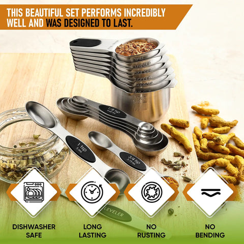 Magnetic Measuring Cups And Spoons Set With Heavy Duty Stainless Steel N45 Magnets BPA Free on a wooden surface with spices