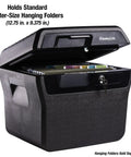 Open fireproof and waterproof lock box with key lock, showing letter-size folders inside, 0.66 cubic feet, durable safe with carry handles