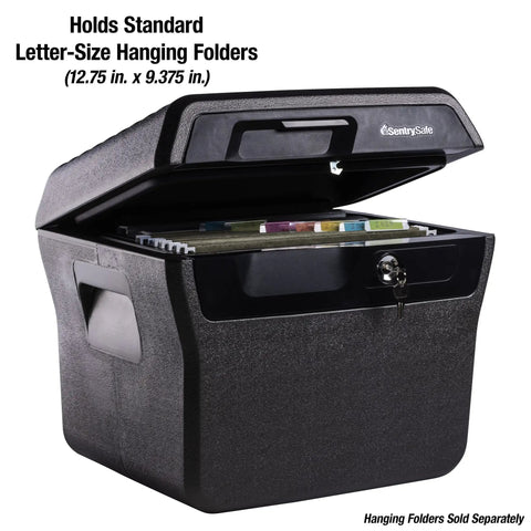 Open fireproof and waterproof lock box with key lock, showing letter-size folders inside, 0.66 cubic feet, durable safe with carry handles