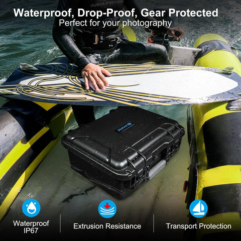 Waterproof Hard Case With Custom Foam Insert for DJI Mavic 4 Pro Drone on inflatable raft, showcasing durability.