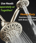 Premium 7 Inch High Pressure Three Way Rainfall Shower Head Set With Stainless Steel Hose And Handheld Six Setting Spa Shower Separate Or Combined Use Brushed Nickel Finish with dual rainfall and handheld shower heads