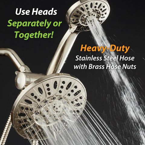 Premium 7 Inch High Pressure Three Way Rainfall Shower Head Set With Stainless Steel Hose And Handheld Six Setting Spa Shower Separate Or Combined Use Brushed Nickel Finish with dual rainfall and handheld shower heads