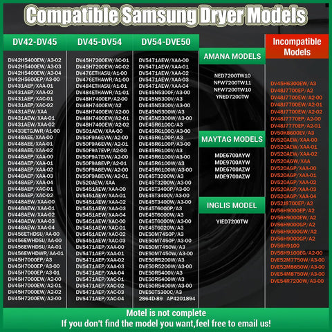Model compatibility chart for Dryer Heating Element Replacement Kit With Fuse And Thermostat For Samsung Dryers DV42-DV50