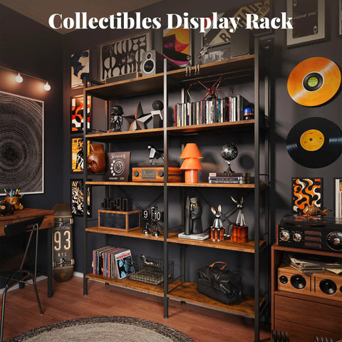 Dope L Shaped Corner Bookshelf With Metal Frame And Wooden Shelves Ten Open Shelves 49.4 Inch Wide Bookcase Rustic Brown Finish Adjustable Feet For Easy Leveling Modern Industrial Look in stylish room setup with various collectibles.