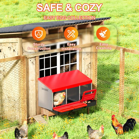 Metal Chicken Nesting Box With Swing Perch And Rollout Egg Collection For Chicken Coop Red Three Compartments installed on coop