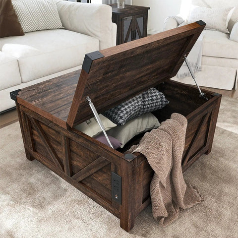 Dope Farmhouse Lift Top Coffee Table With Storage And USB Charging Station Wood Square Center Table With Hidden Space Brown