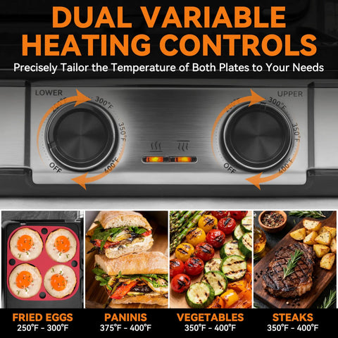 Dual variable heating controls on Bakers Friend 4 Slice Panini Press Grill Cheese Sandwich Maker for precise temperature settings.