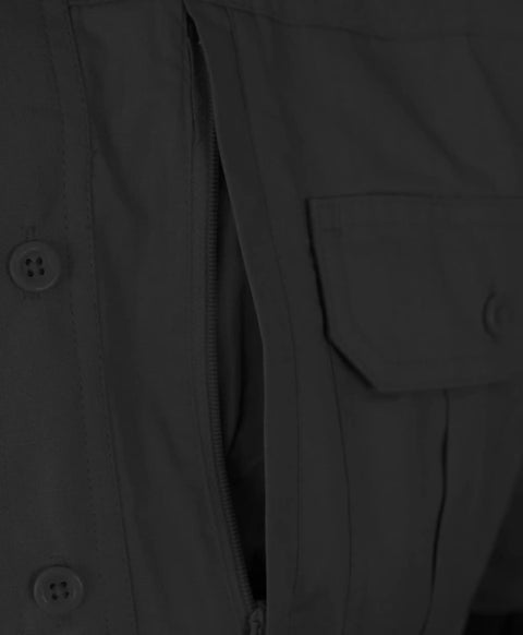 Close-up of Men's Long Sleeve Tactical Shirt in Black featuring hidden zipper placket for easy access.