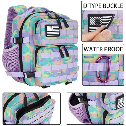 9L Mini Tactical Backpack For Men And Women in camo with detachable patches and waterproof features, ideal for hiking and gym.