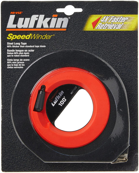 Hi Viz Orange Speedwinder Long Steel Tape Measure 3/8 Inch By 100 Foot With Yellow Clad Blade Abrasion Resistant Coating Fast Rewind