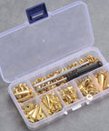 Top Shelf 70 Piece Gold Screwback Spike Studs Set Zinc Alloy assorted shapes in clear storage case with mounting tool.