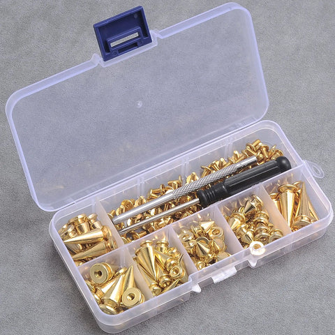 Top Shelf 70 Piece Gold Screwback Spike Studs Set Zinc Alloy assorted shapes in clear storage case with mounting tool.