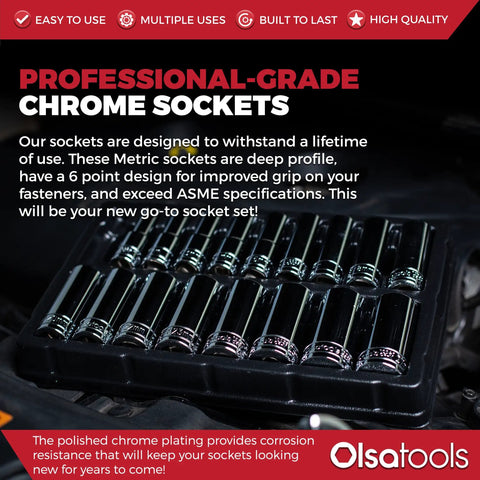 Set of metric deep socket set one half inch drive 18 piece 6 point chrome sockets 10mm to 27mm no skipped sizes displayed