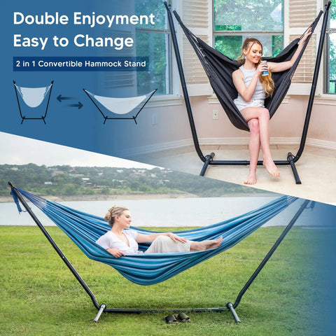2-In-1 Convertible Backyard Hammock With Stand And Chair, shown as blue striped hammock and black hammock chair indoors