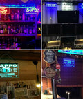 Collage of vibrant bar and shop interiors featuring Ice Logo LED Neon Sign Night Light For Home Bar Shop Display With A Lit Colorful Glow