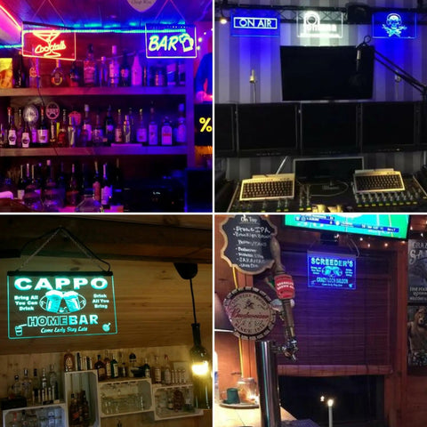 Collage of vibrant bar and shop interiors featuring Ice Logo LED Neon Sign Night Light For Home Bar Shop Display With A Lit Colorful Glow