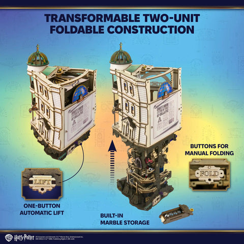 Gringotts Bank Marble Run 3D Wooden Puzzle For Adults Includes Continuous Marble Action Secret Vault System Mechanical Model Kit DIY Building Craft Brain Teaser Collectible Book Design Must Have foldable two-unit tower with lift and marble storage