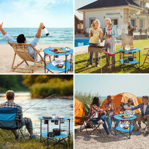 Folding Camping Table Lightweight Double Layer Round Table With 4 Cup Holders And Carry Bag Portable Beach Table For Camping Travel Fishing And Outdoor Activities Blue shown in various outdoor settings