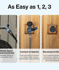 Instructions for Comfort Grip VB Hose Connector With Built In Vacuum Breaker And Ball Valve, shown attaching, connecting, disconnecting from hydrant.