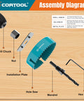Assembly diagram of Open Slot Hole Saw Kit With Double Ground Teeth 21 Piece Drill Bit Set with labeled components on wood background.