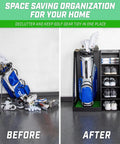 Before and after of Premium Wooden Golf Bag Organizer And Storage Rack In Black That Keeps Your Gear Neatly Stored And Ready To Roll.