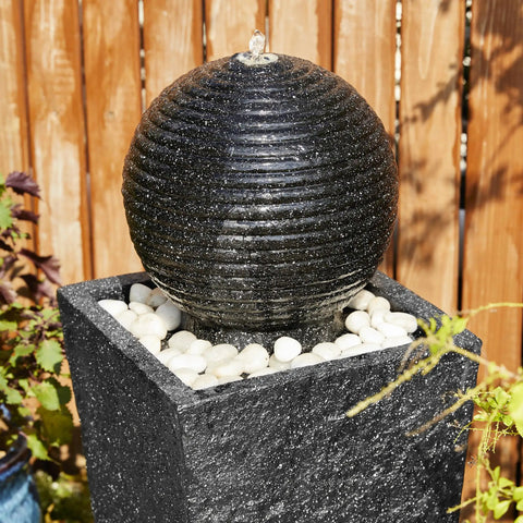 Outdoor LED Light Water Fountain With Submersible Pump Black Pedestal Modern Sphere Floor Fountain For Patio And Garden Decor Pebble Base Weatherproof Polyresin Construction 40 Inch High Yard Vibe.