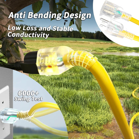 Beefy 50 Foot 10 Gauge Outdoor Extension Cord With Lighted Indicator Waterproof Heavy Duty 15 Amp 1875 Watt 3 Prong NEMA 5-15P 5-15R SJTW Yellow ETL Listed in outdoor use.