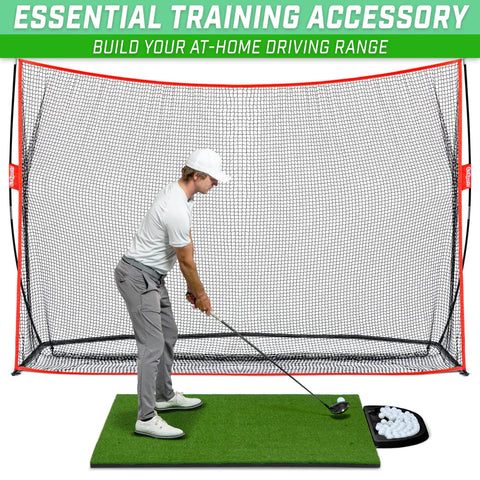 Golfer using All Weather Golf Ball Tray For Hitting Mats, 70 Ball Capacity, in front of net setup, practicing swing, green mat visible.