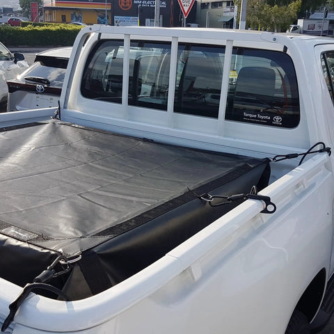 Heavy Duty Bed Tarp For Pickup Trucks With Waterproof Cargo Net Cover And Detachable Quick Adjust Tie Downs No Knots Or Buckles Paint Safe Fits Short Beds 5 Foot 6 Inch And Trailers on white pickup