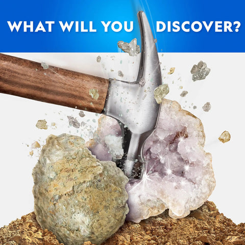Crack Open 15 Premium Geodes Science Kit With Goggles And Three Display Stands For Kids - Epic STEM Geology Gift hammer cracking geode