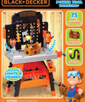 Kids Power Tools Workshop Bench With 75 Realistic Tools, Lights And Sounds shown in vibrant packaging with toy tools setup.