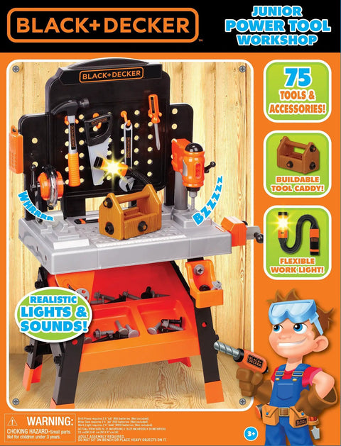 Kids Power Tools Workshop Bench With 75 Realistic Tools, Lights And Sounds shown in vibrant packaging with toy tools setup.