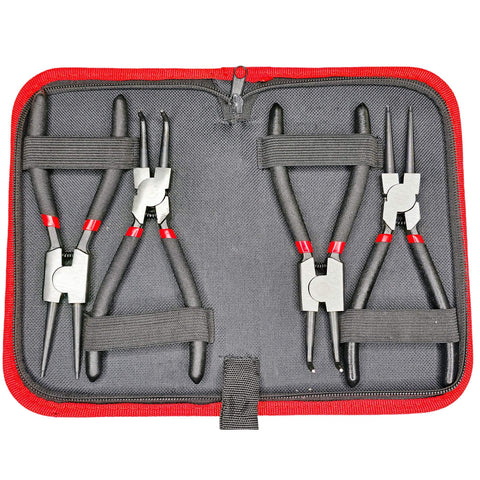 4 Piece Snap Ring Pliers Set For Automotive Use Internal And External Circlip Pliers Kit With Straight And 90 Degree Bent Jaw Tips Heavy Duty High Carbon Steel Fits Retaining Rings From Three Eighths Inch To Two Inches in open case.