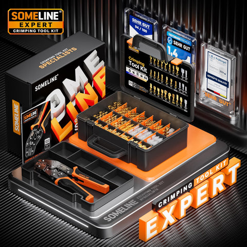 Spade Terminal Crimping Tool Kit For AWG 24-14 Wire With 24 Quick Disconnect Non-Insulated Open Barrel Connectors, kit displayed on table