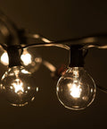 Close-up of G50 bulbs on 100 Foot Outdoor String Lights With 105 G50 Clear 2 Inch Bulbs On Black Wire Includes 5 Extra Bulbs