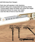 Two Pack Pocket Door Soft Close Top Hanger Assemblies Bi Directional Operation Fits 100 Series Tracks Works With 1500 1560 1562 Doors 1 Inch Nylon Ball Bearing Tri Wheel showing tricycle design and installation diagram.